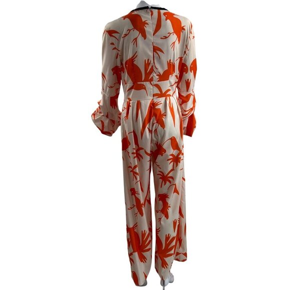 OC Order Womens S Poet Sleeve Bird Print Jumpsuit Deep Neck Wide Leg Resort Wear - Picture 3 of 16